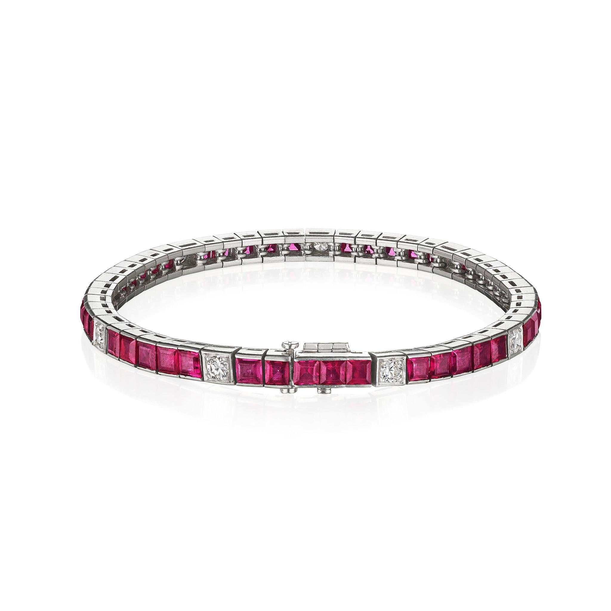 Mid Century Ruby and Diamond Line Bracelet In Excellent Condition For Sale In New York, NY