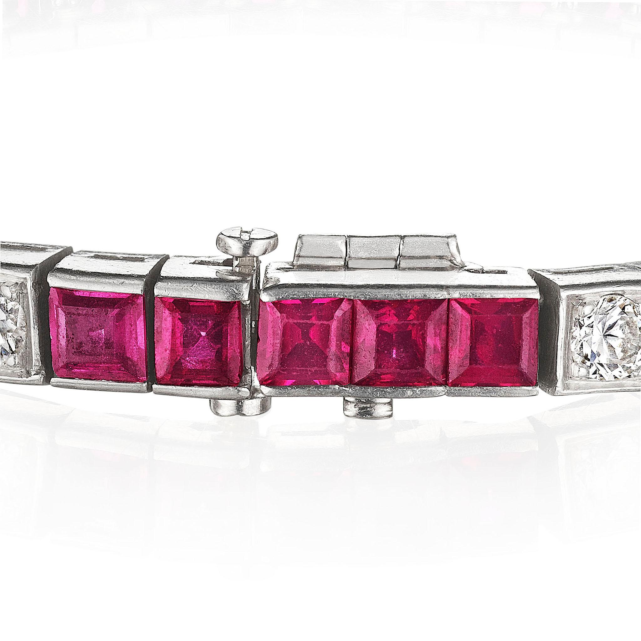 Women's or Men's Mid Century Ruby and Diamond Line Bracelet For Sale