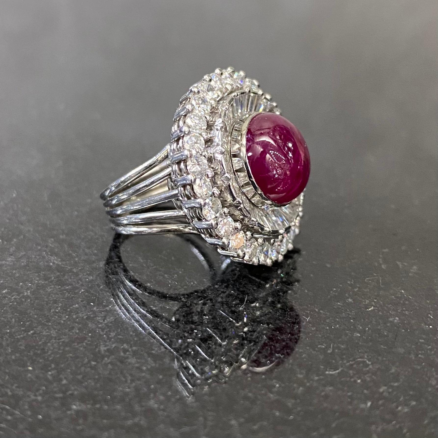 Mid-Century Ruby Cabochon Diamond Ballerina Cocktail Ring Platinum 1950s/1960s 7