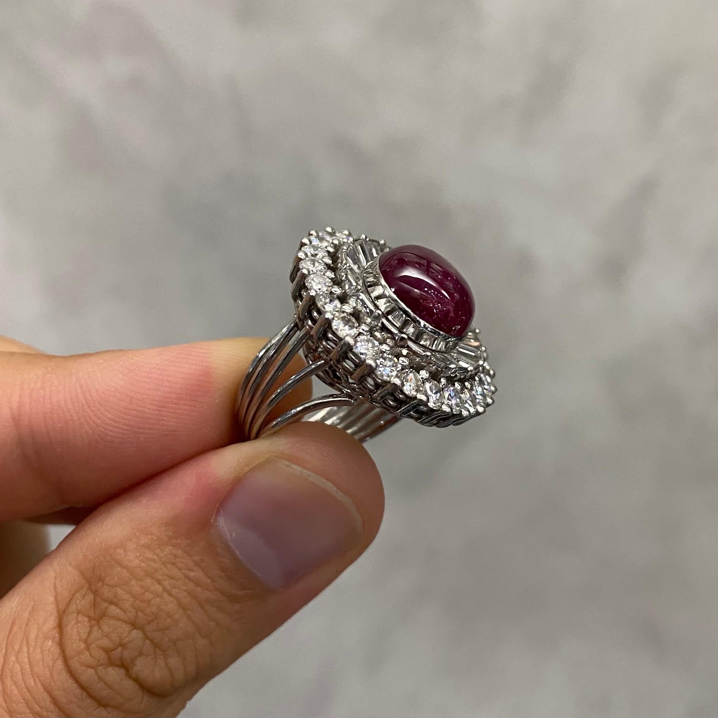 Mid-Century Ruby Cabochon Diamond Ballerina Cocktail Ring Platinum 1950s/1960s 11