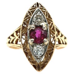 Mid Century Ruby Diamond 14 Karat Yellow Gold Navette Ring