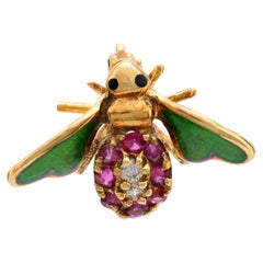 Mid Century ruby diamond 14 yellow gold enamel bee brooch