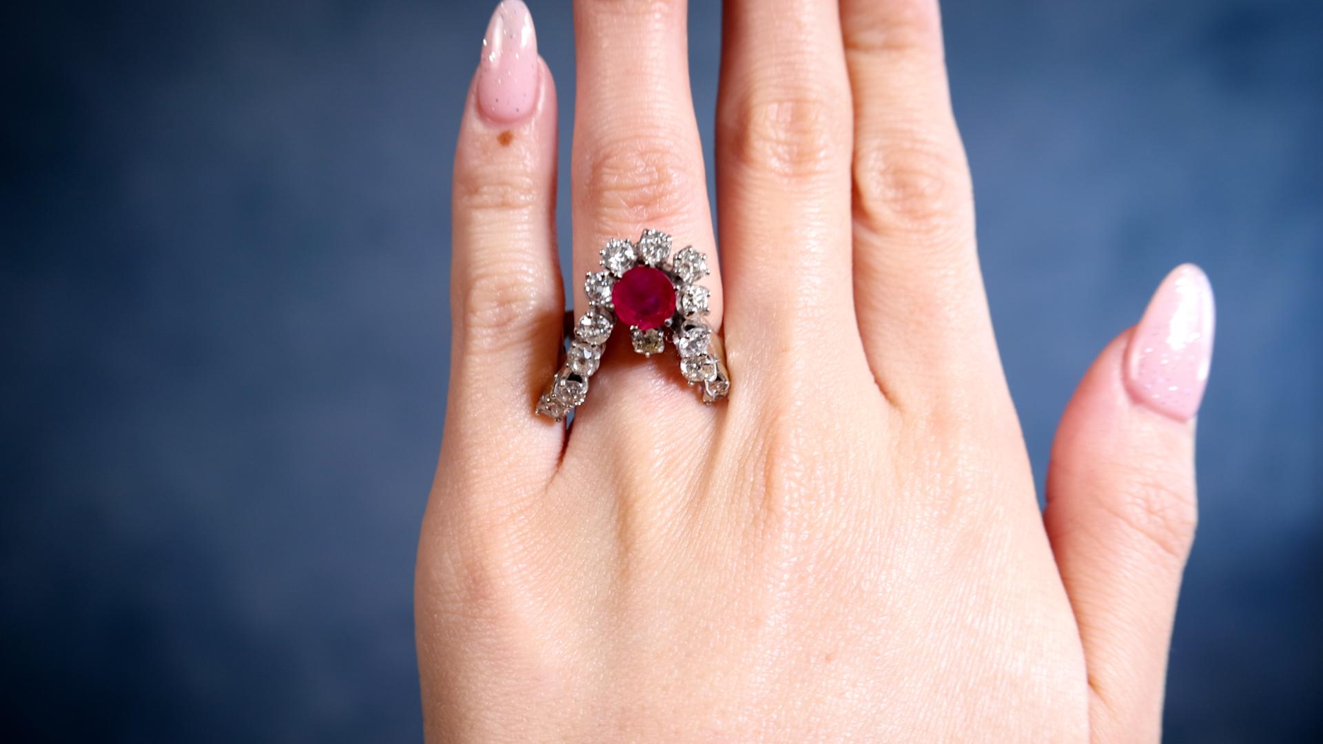 Mixed Cut Mid-Century Ruby Diamond 14k White Gold Ring For Sale
