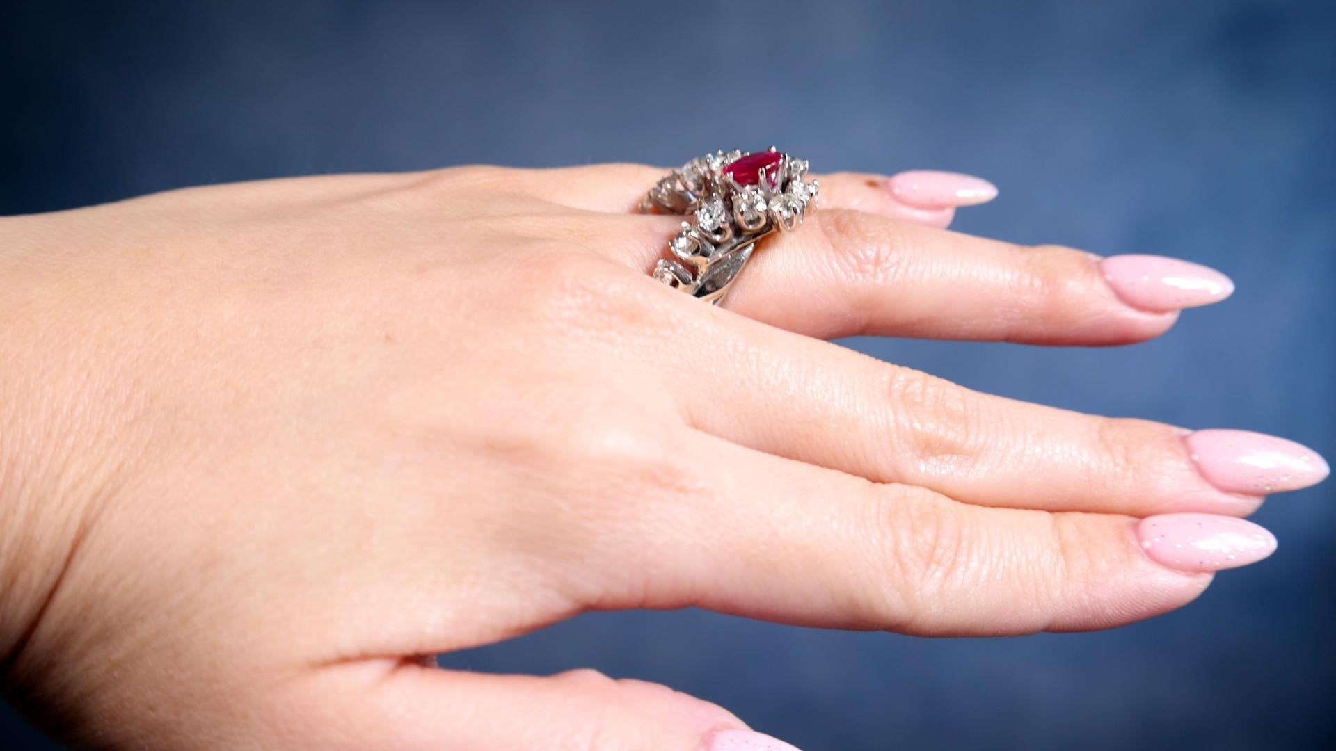 Mid-Century Ruby Diamond 14k White Gold Ring In Good Condition For Sale In Beverly Hills, CA