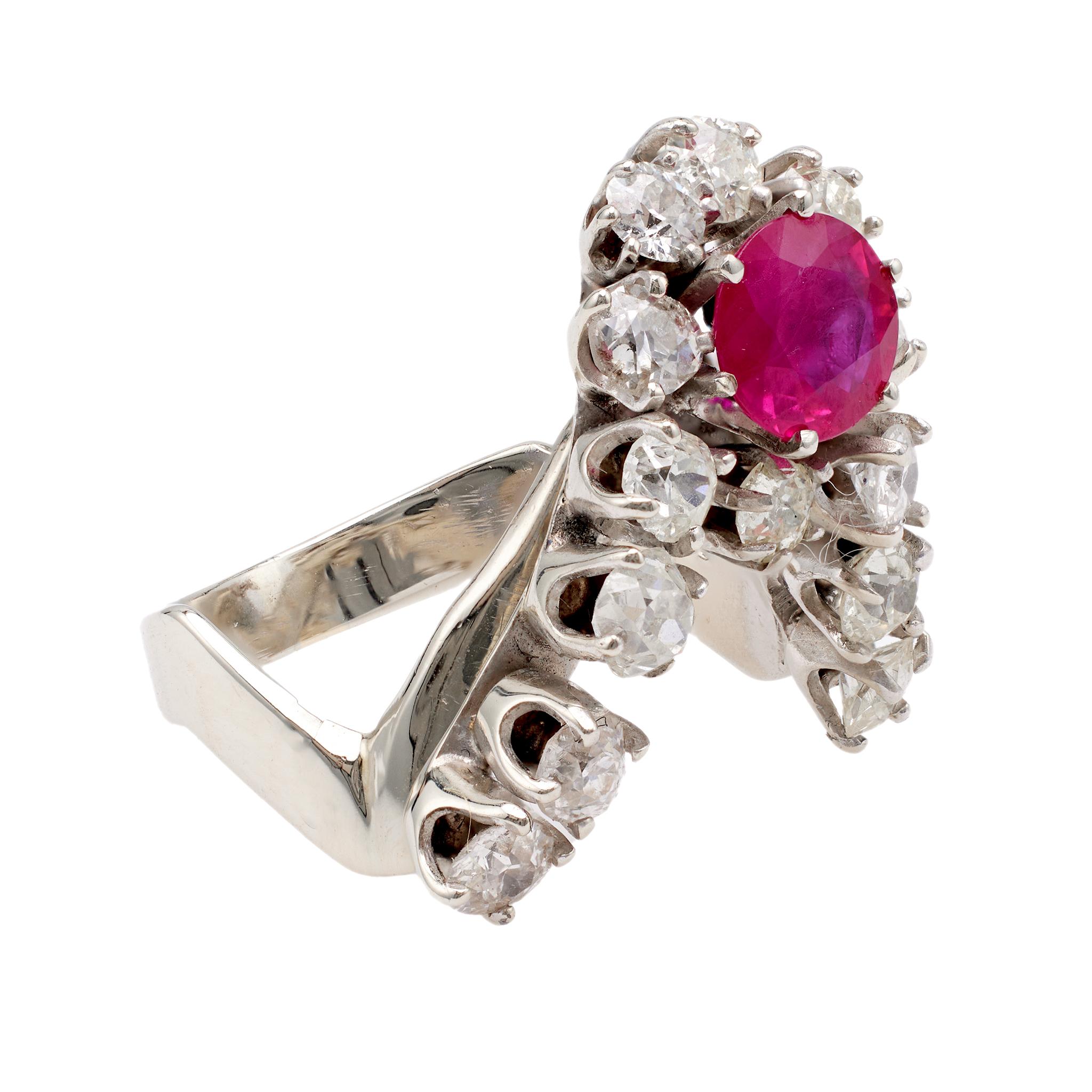 Women's or Men's Mid-Century Ruby Diamond 14k White Gold Ring For Sale