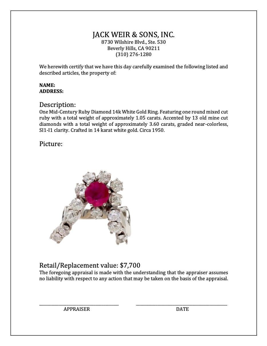Mid-Century Ruby Diamond 14k White Gold Ring For Sale 1