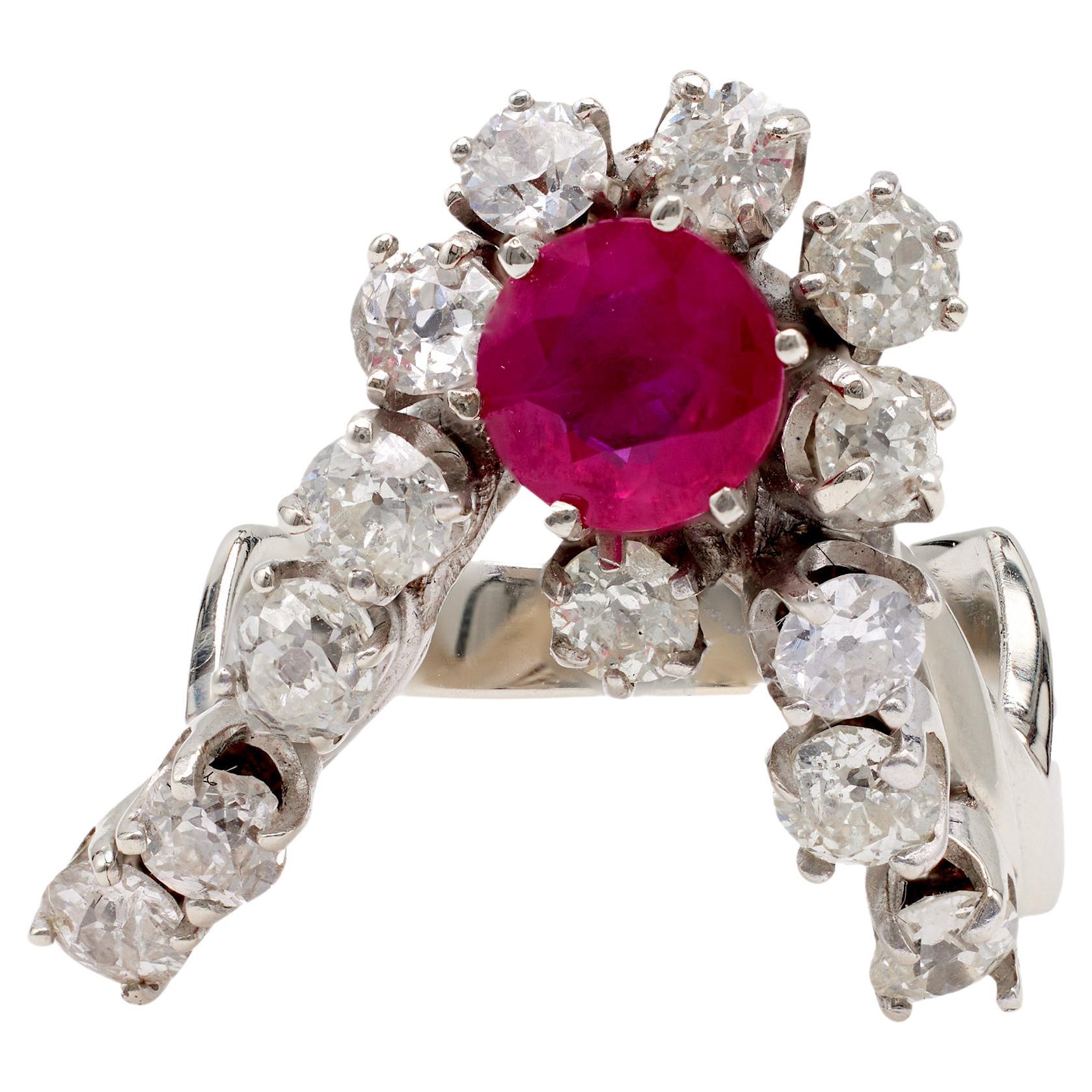 Mid-Century Ruby Diamond 14k White Gold Ring