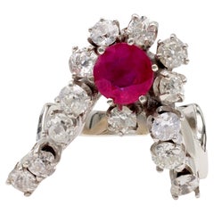 Vintage Mid-Century Ruby Diamond 14k White Gold Ring