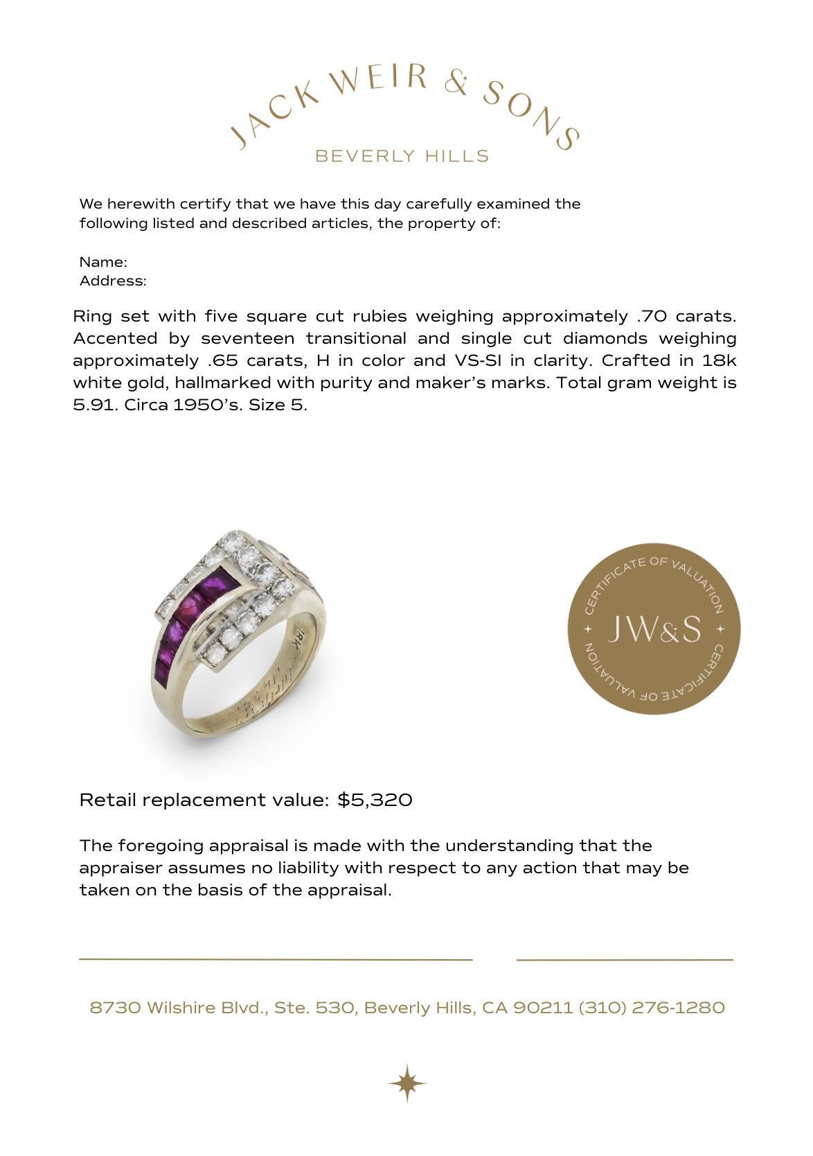 Mid Century Rubin-Diamant-Ring aus 18k Weißgold im Angebot 2