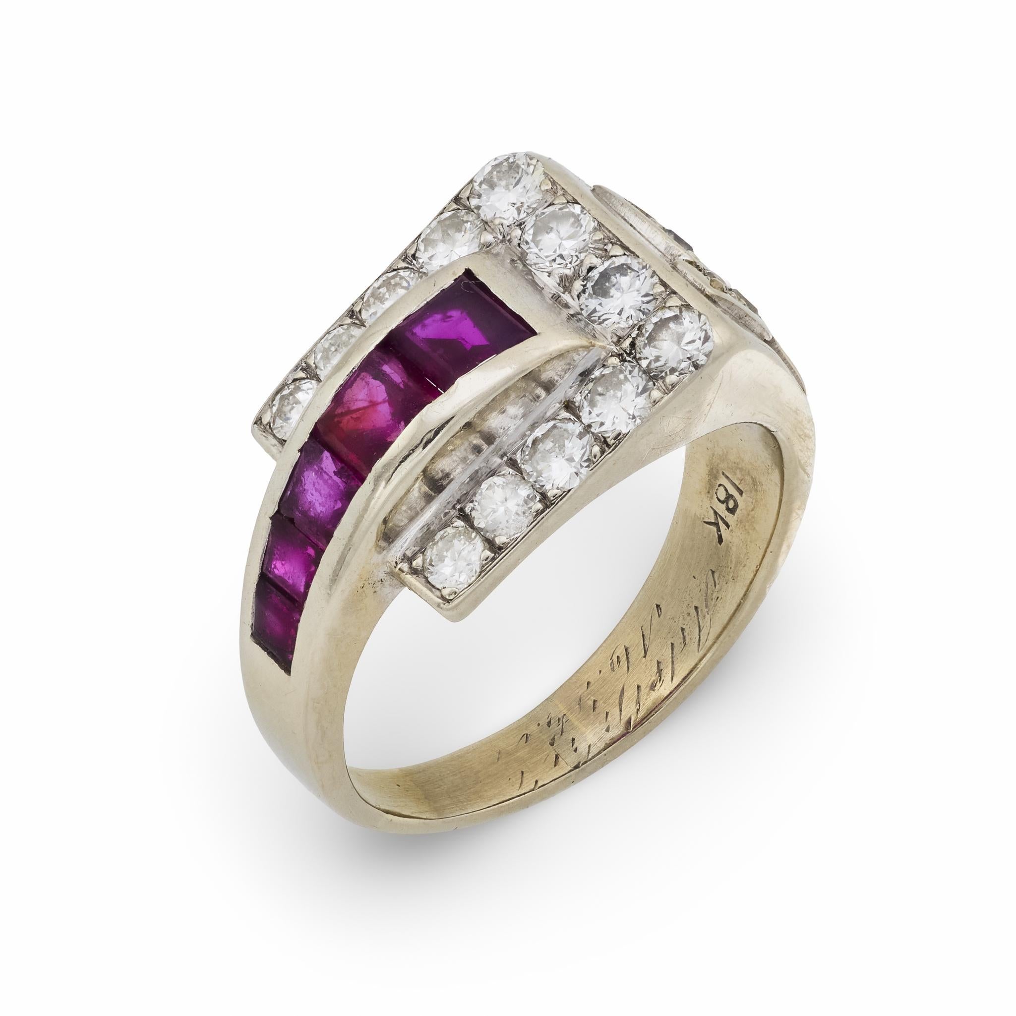 Mid Century Rubin-Diamant-Ring aus 18k Weißgold im Angebot