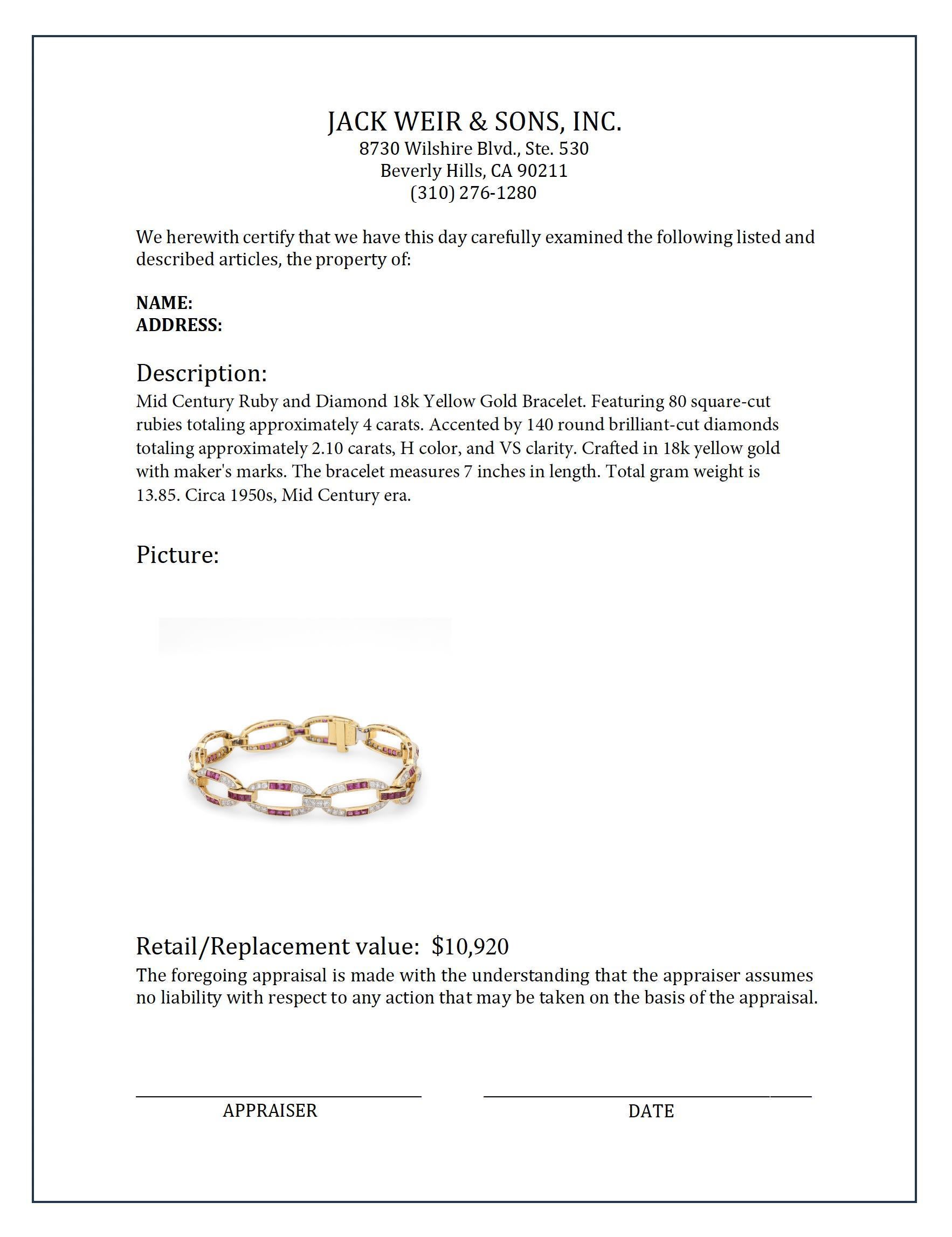 Mid Century Rubin-Diamant-Armband aus 18k Gelbgold im Zustand „Hervorragend“ in Beverly Hills, CA
