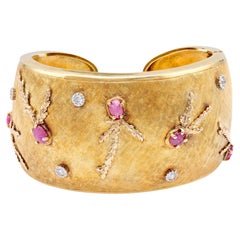 Mid-Century Ruby Diamond 18K Yellow Gold Cuff Bangle Bracelet Mid-Century Ruby Diamond 18K Yellow Gold Cuff Bangle Bracelet