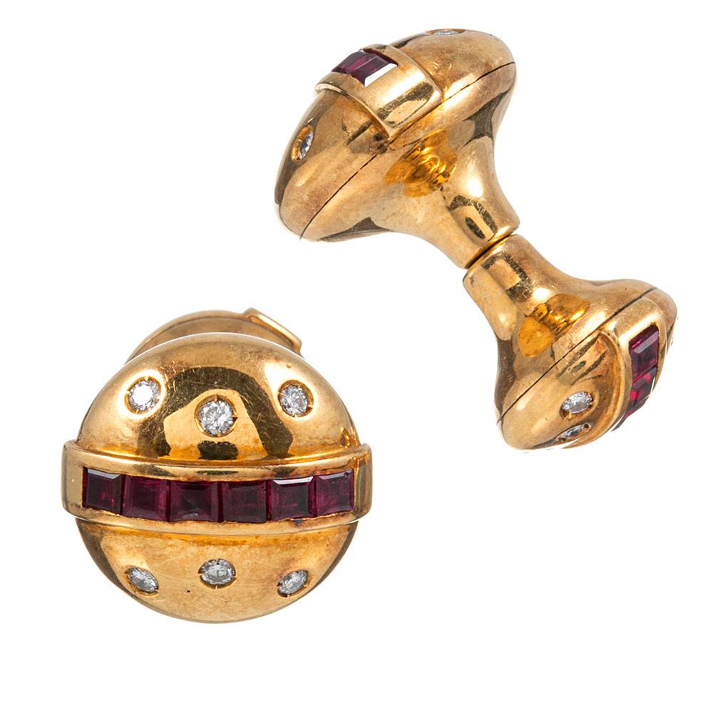 Round Cut Midcentury Ruby and Diamond Cufflinks