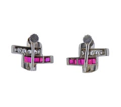 Midcentury Ruby Diamond Platinum Earrings