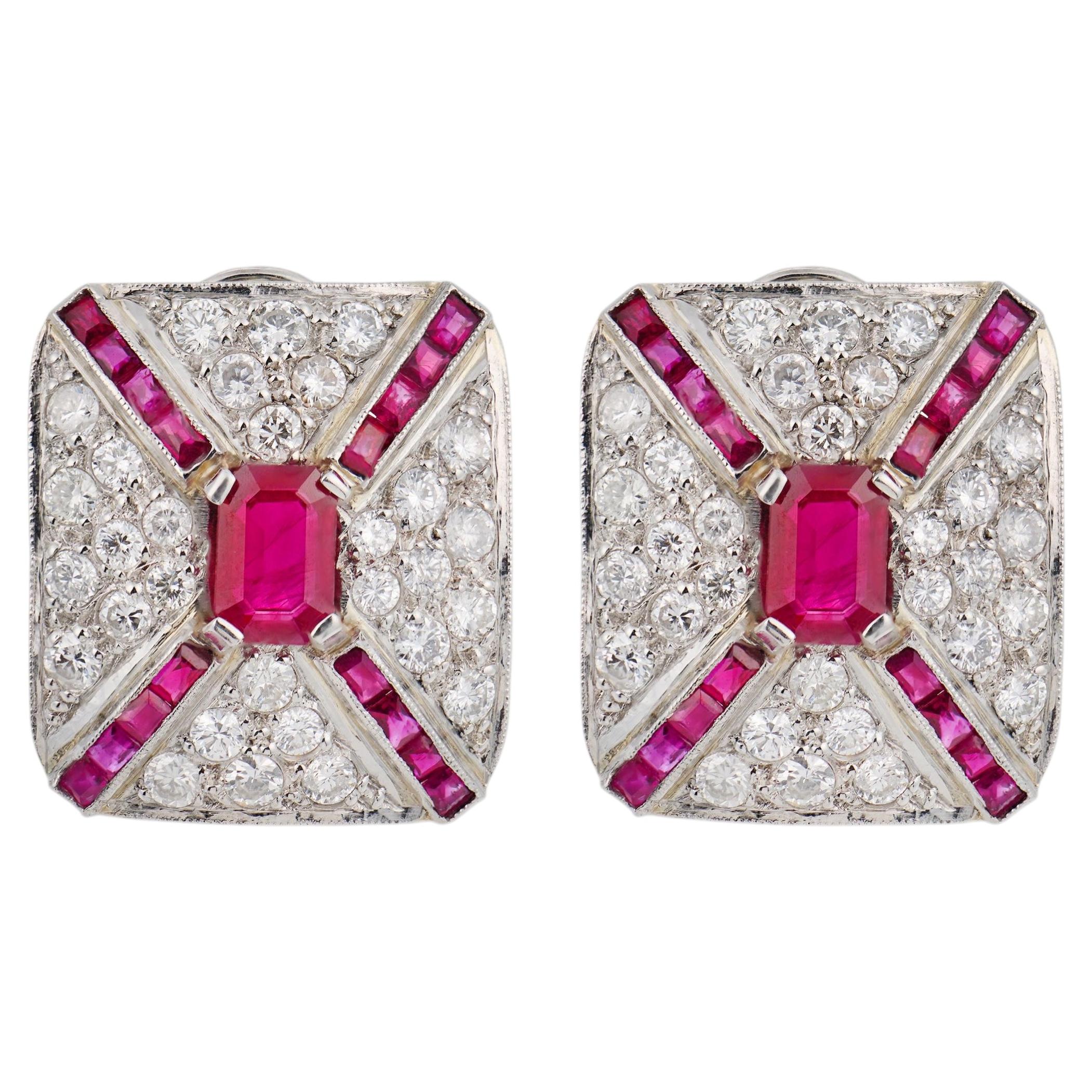 Pendientes Mid Century rubí diamante platino en venta