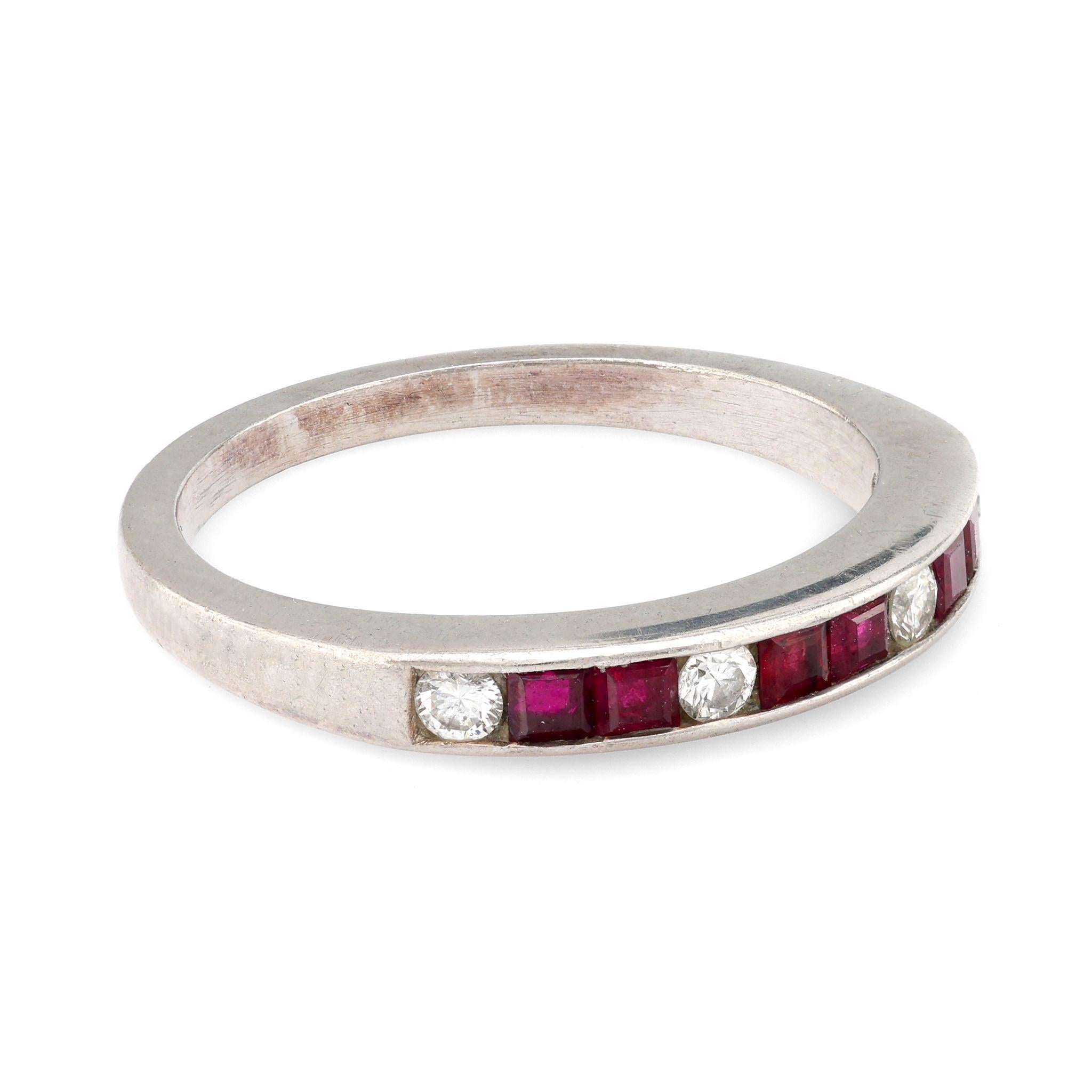 Modern Mid Century ruby diamond platinum wedding band For Sale