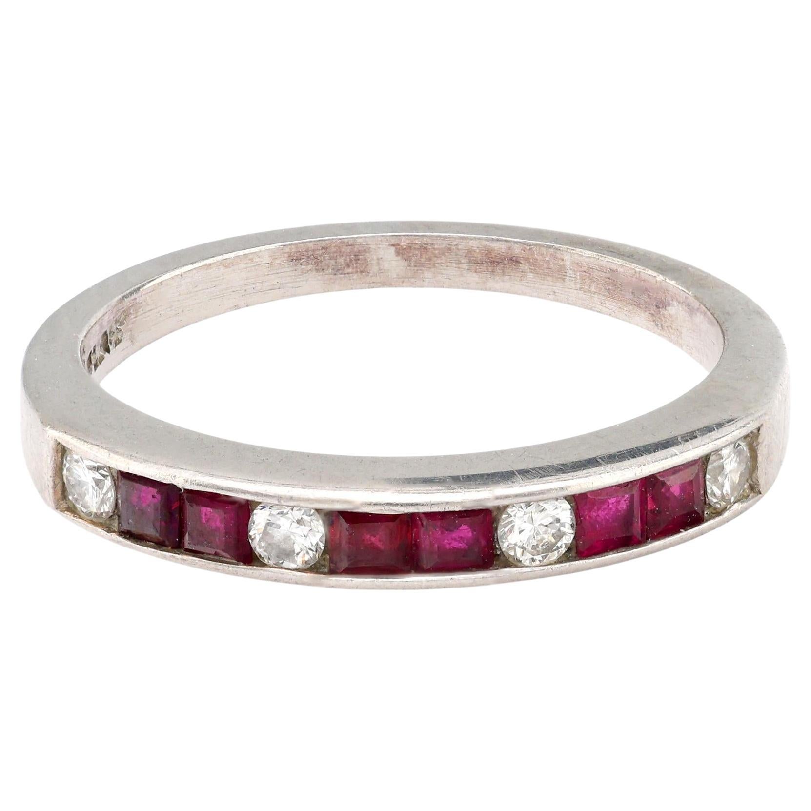 Mid Century ruby diamond platinum wedding band