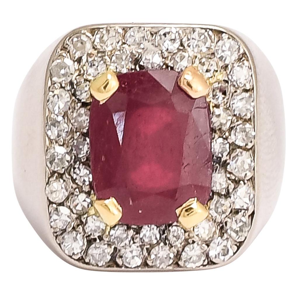 Mid-Century Ruby Diamond Signet / Pinky Ring For Sale