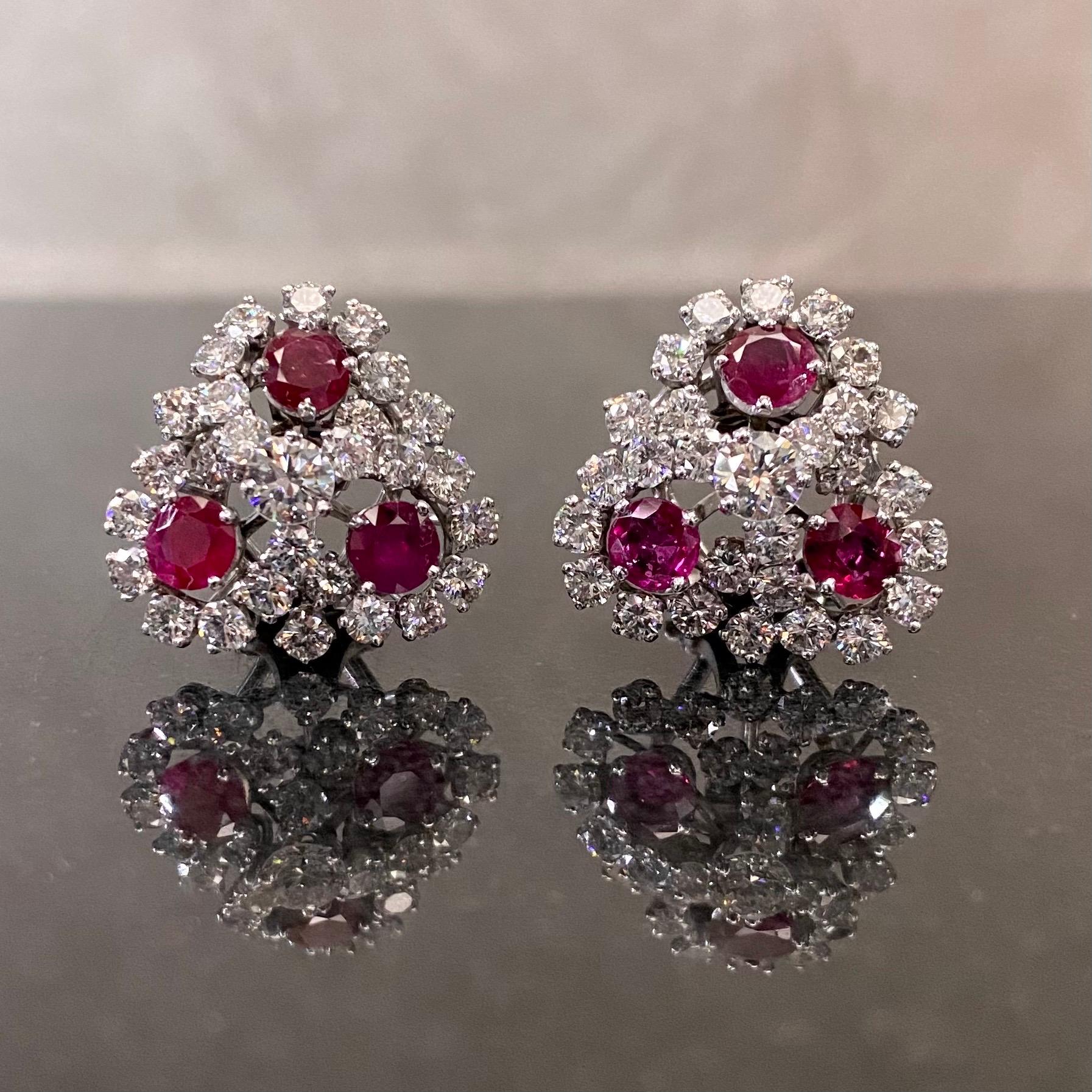 Mid-Century Ruby Diamond Trefoil Cluster Clip-On Earrings Platinum 1950s 1960s For Sale 4
