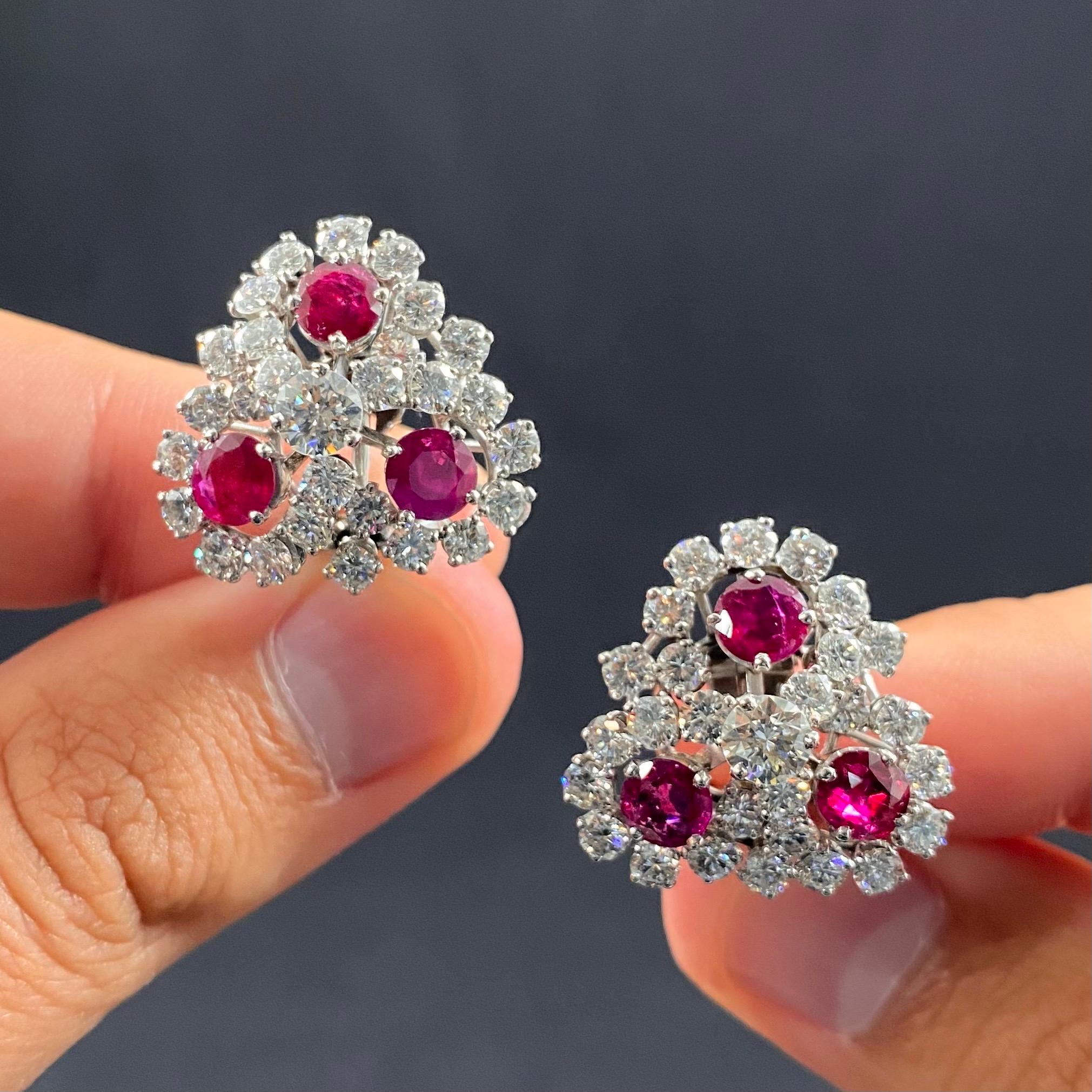 Modern Mid-Century Ruby Diamond Trefoil Cluster Clip-On Earrings Platinum 1950s 1960s For Sale