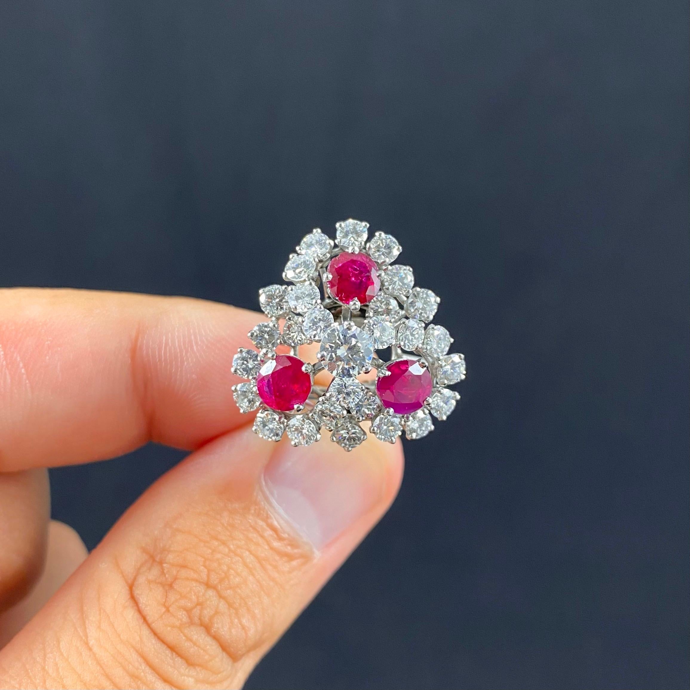 Round Cut Mid-Century Ruby Diamond Trefoil Cluster Clip-On Earrings Platinum 1950s 1960s For Sale