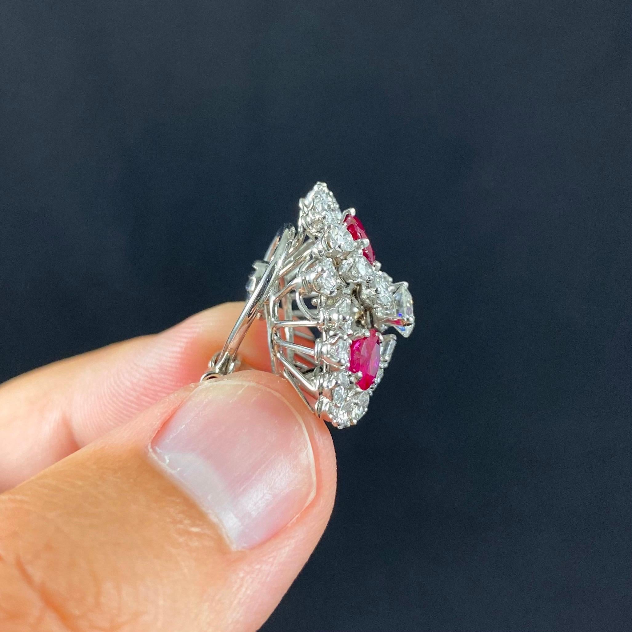 Women's Mid-Century Ruby Diamond Trefoil Cluster Clip-On Earrings Platinum 1950s 1960s For Sale