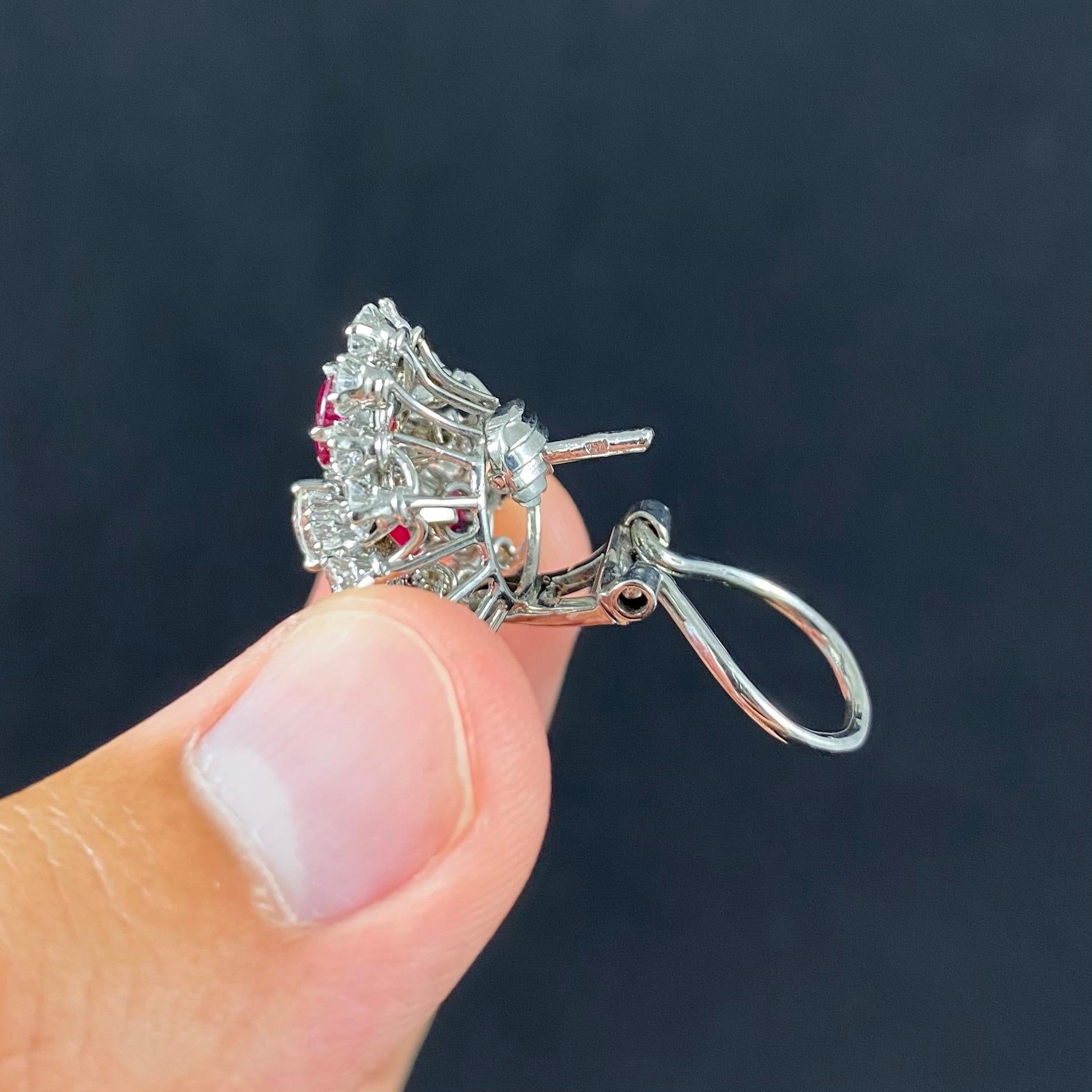 Mid-Century Ruby Diamond Trefoil Cluster Clip-On Earrings Platinum 1950s 1960s For Sale 3