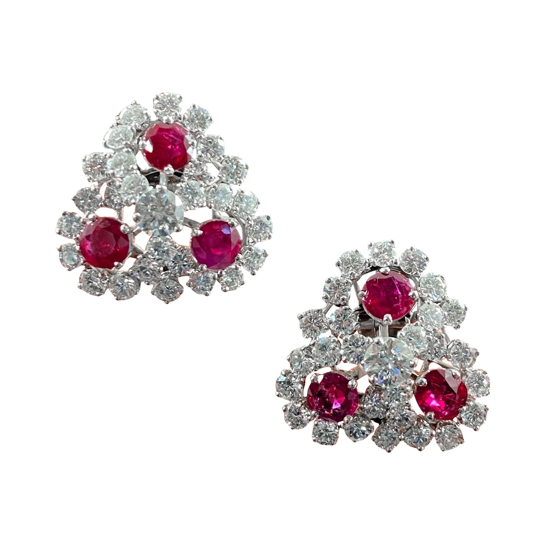 Mid-Century Ruby Diamond Trefoil Cluster Clip-On Earrings Platinum 1950s 1960s