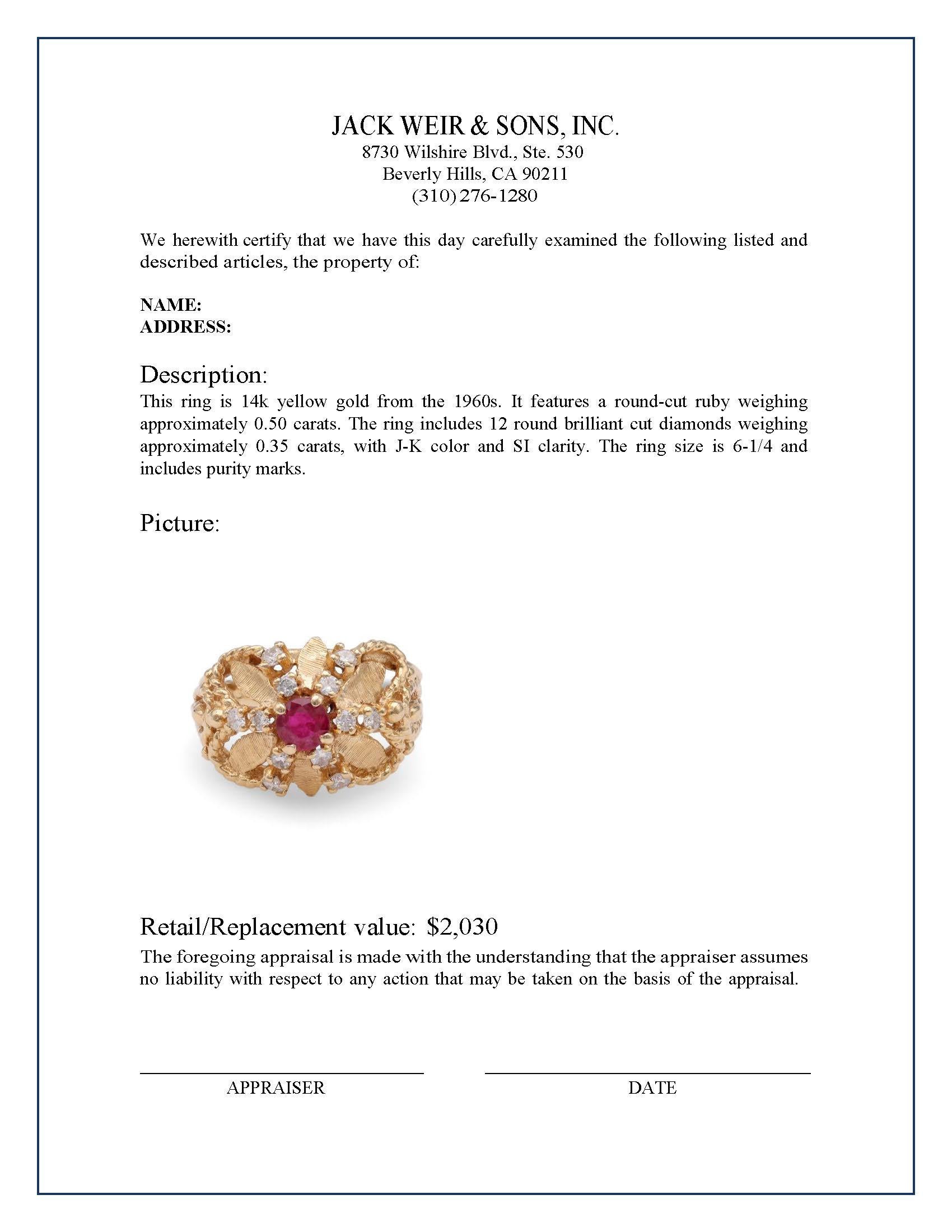 Mid-Century Ruby Diamond Yellow Gold Ring In Excellent Condition In Beverly Hills, CA