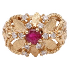 Vintage Mid-Century Ruby Diamond Yellow Gold Ring