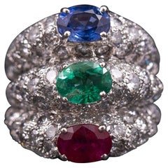 Mid-Century Ruby Emerald Sapphire Diamond Cocktail Ring White Gold 1950s 1960s