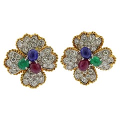 Mid Century Ruby Emerald Sapphire Diamond Gold Platinum Earrings