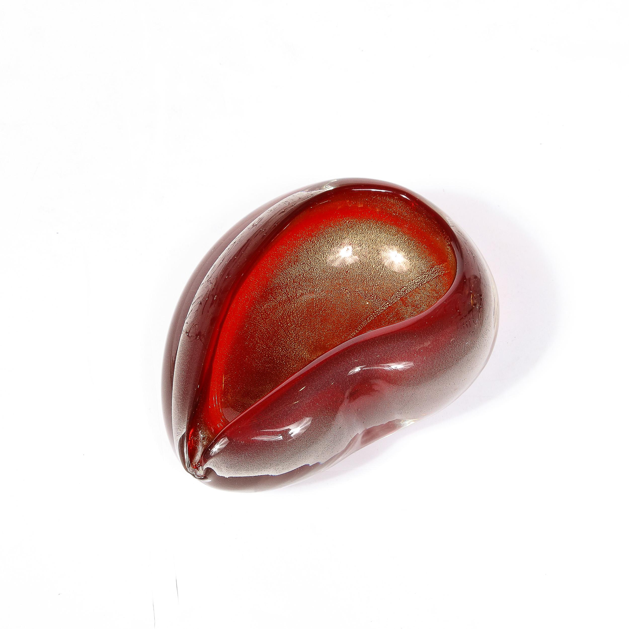 Mid-Century Ruby Hand-Blown Pear Form Murano Glass Dish w/ 24K Gold Flecks For Sale 4
