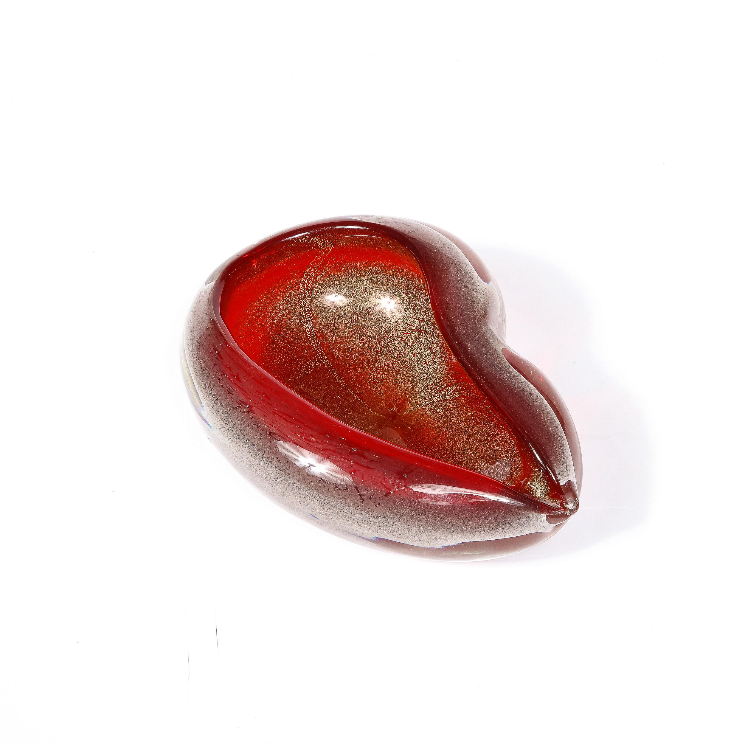 Mid-Century Ruby Hand-Blown Pear Form Murano Glass Dish w/ 24K Gold Flecks For Sale 5