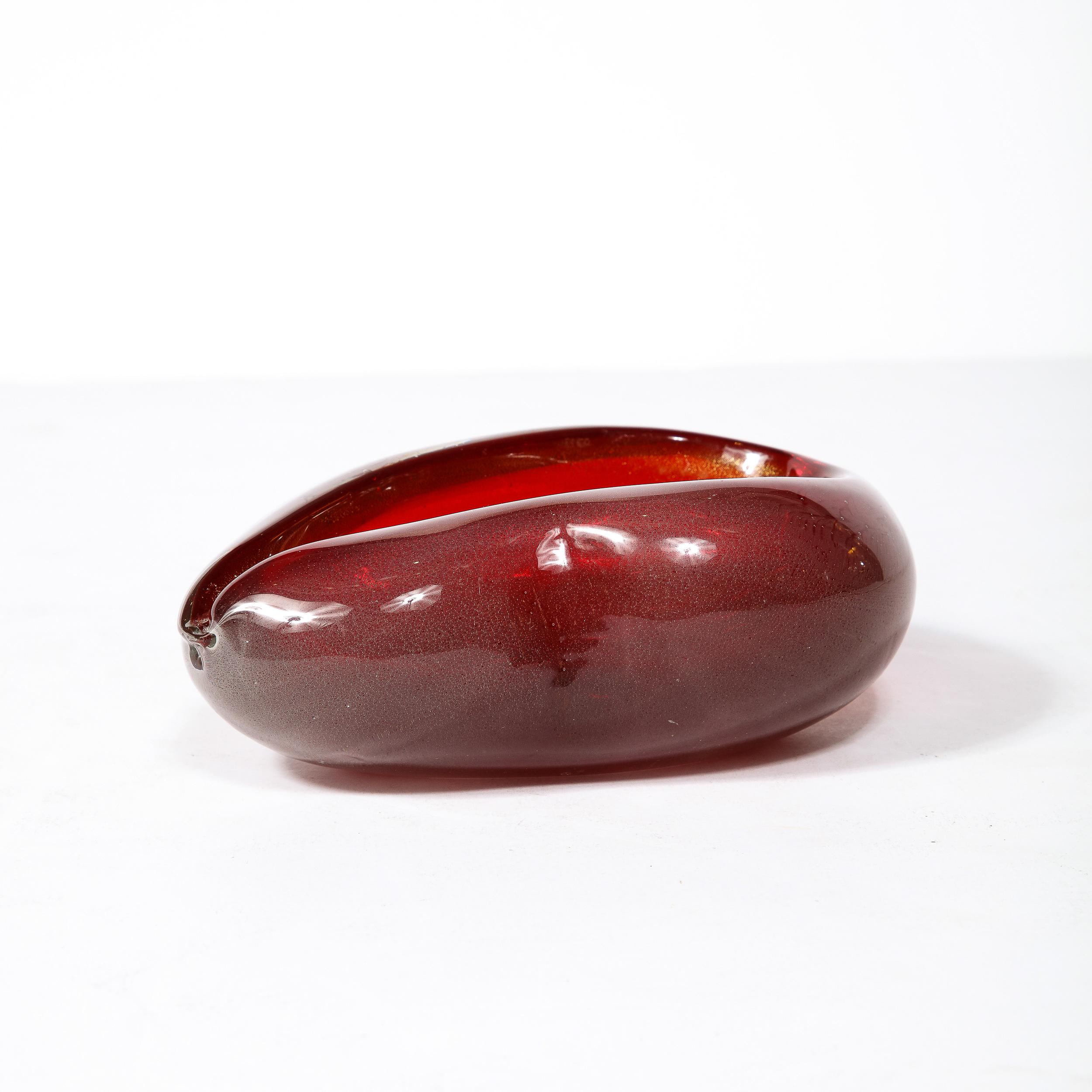 Mid-Century Modern Mid-Century Ruby Hand-Blown Pear Form Murano Glass Dish w/ 24K Gold Flecks For Sale