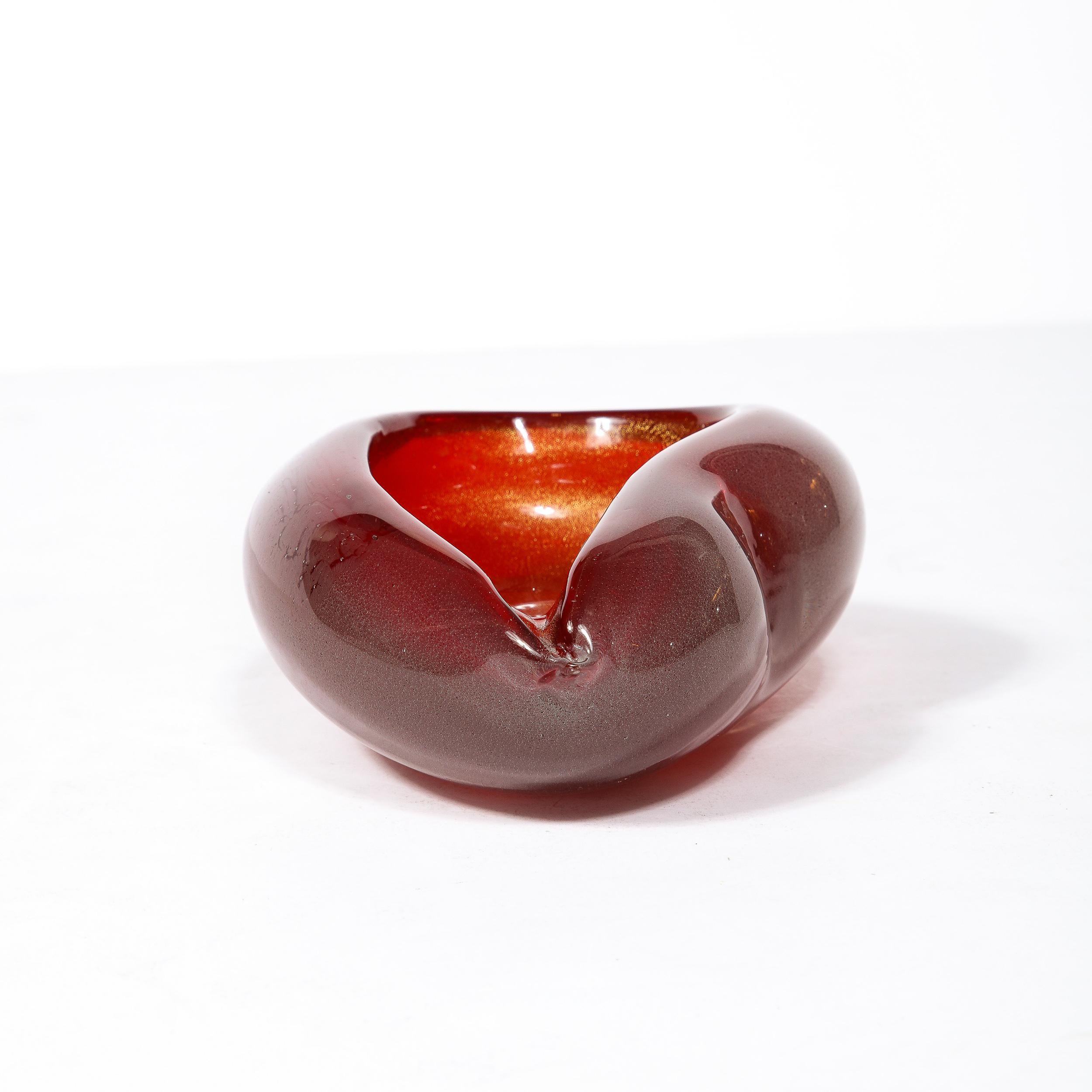 Italian Mid-Century Ruby Hand-Blown Pear Form Murano Glass Dish w/ 24K Gold Flecks For Sale