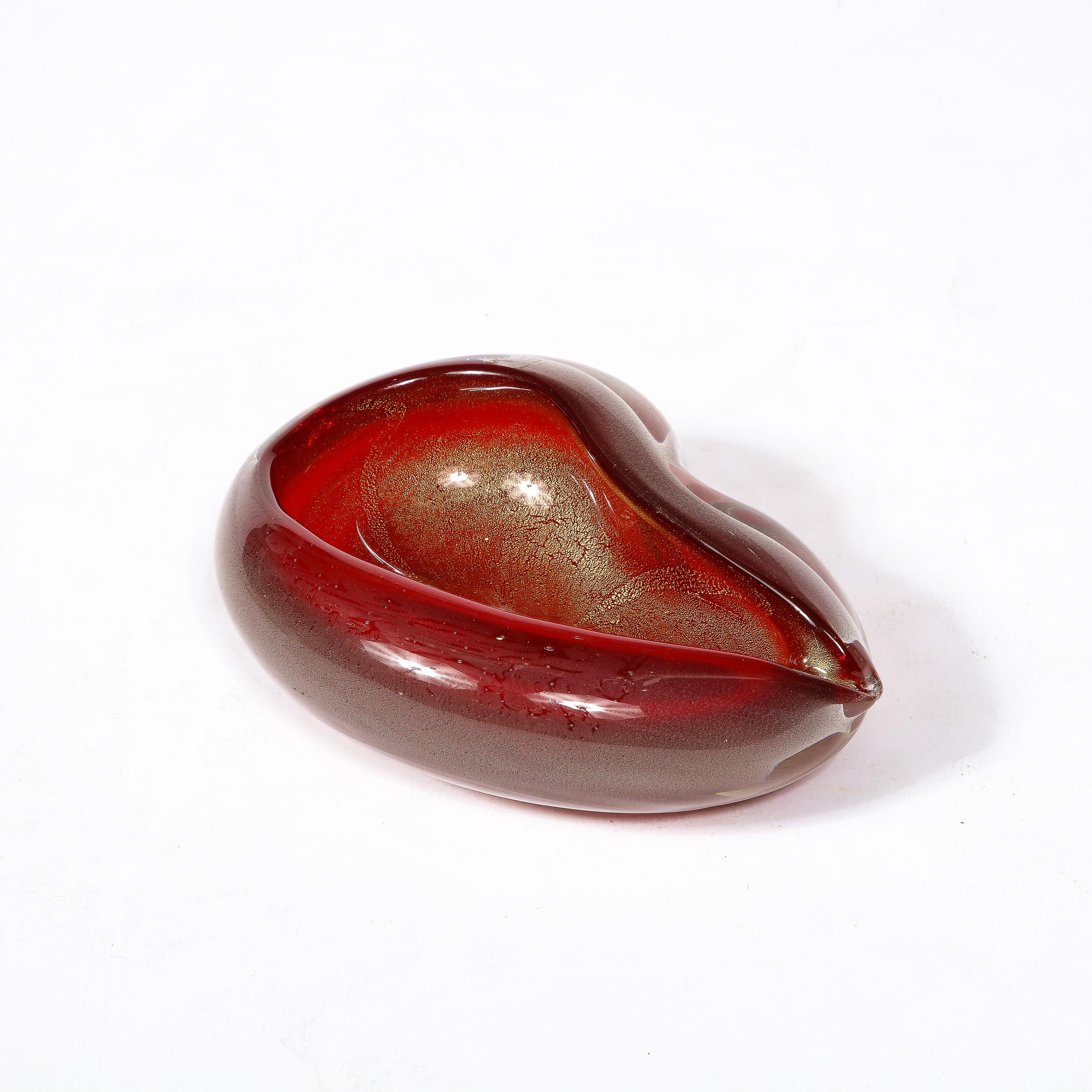 Mid-20th Century Mid-Century Ruby Hand-Blown Pear Form Murano Glass Dish w/ 24K Gold Flecks For Sale