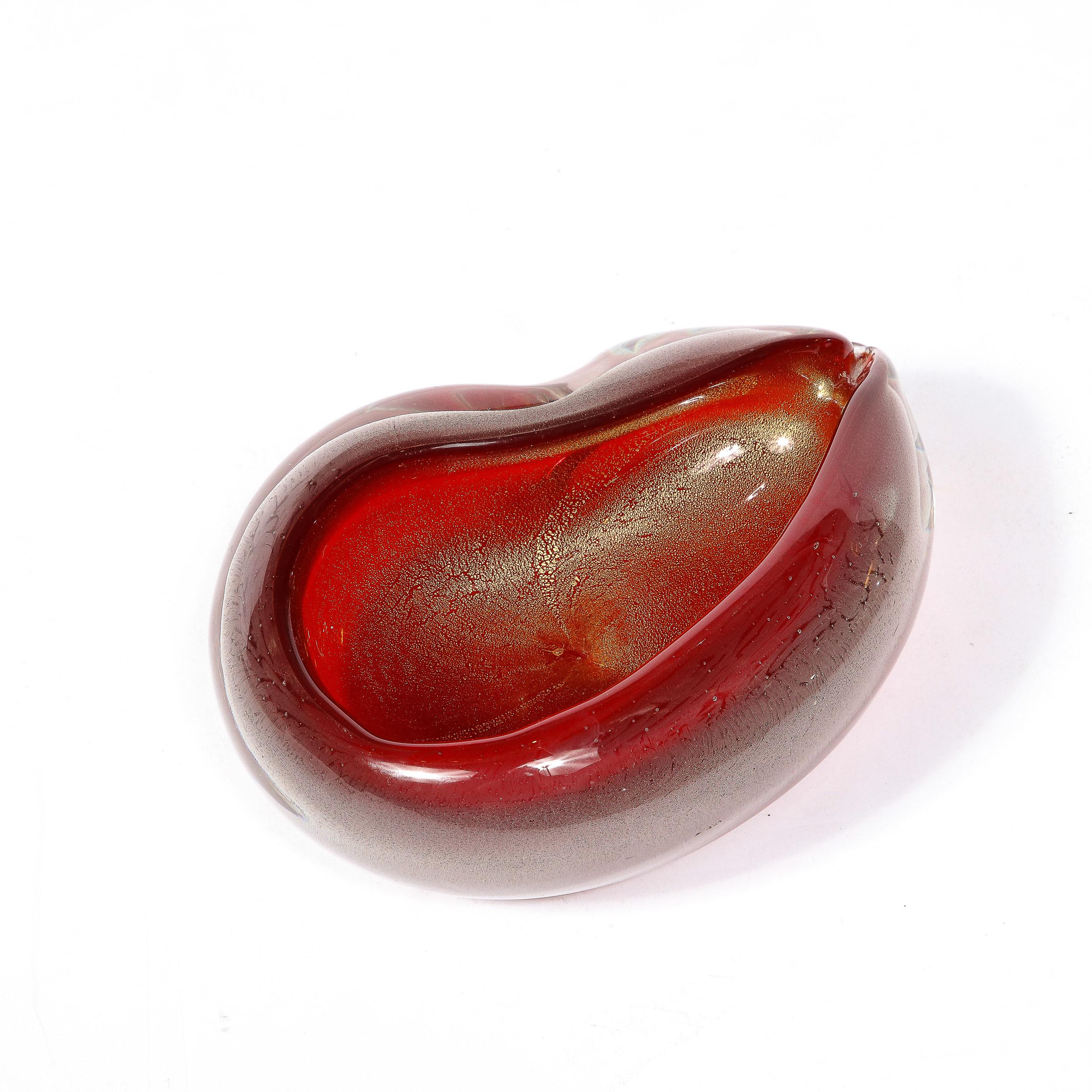 Mid-Century Ruby Hand-Blown Pear Form Murano Glass Dish w/ 24K Gold Flecks For Sale 1