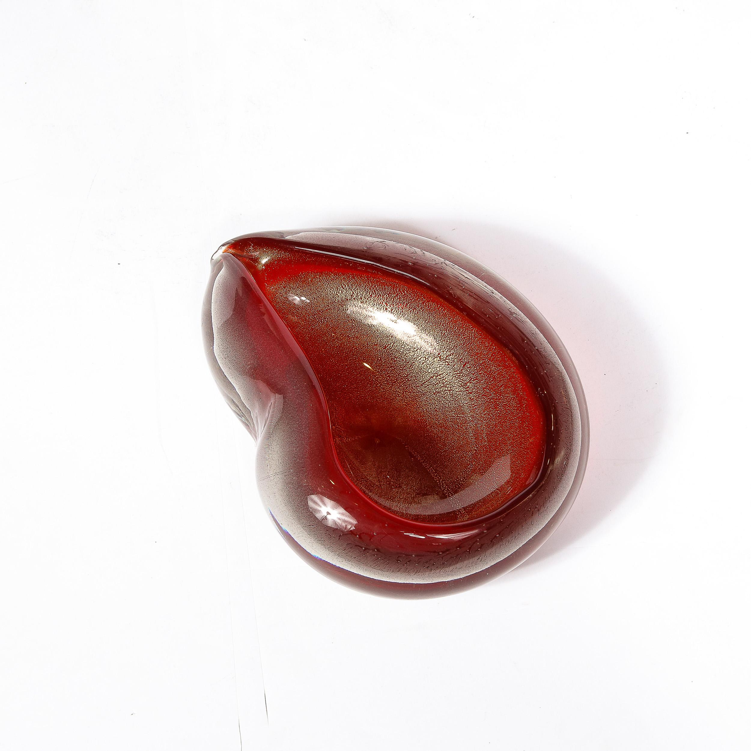 Mid-Century Ruby Hand-Blown Pear Form Murano Glass Dish w/ 24K Gold Flecks For Sale 2