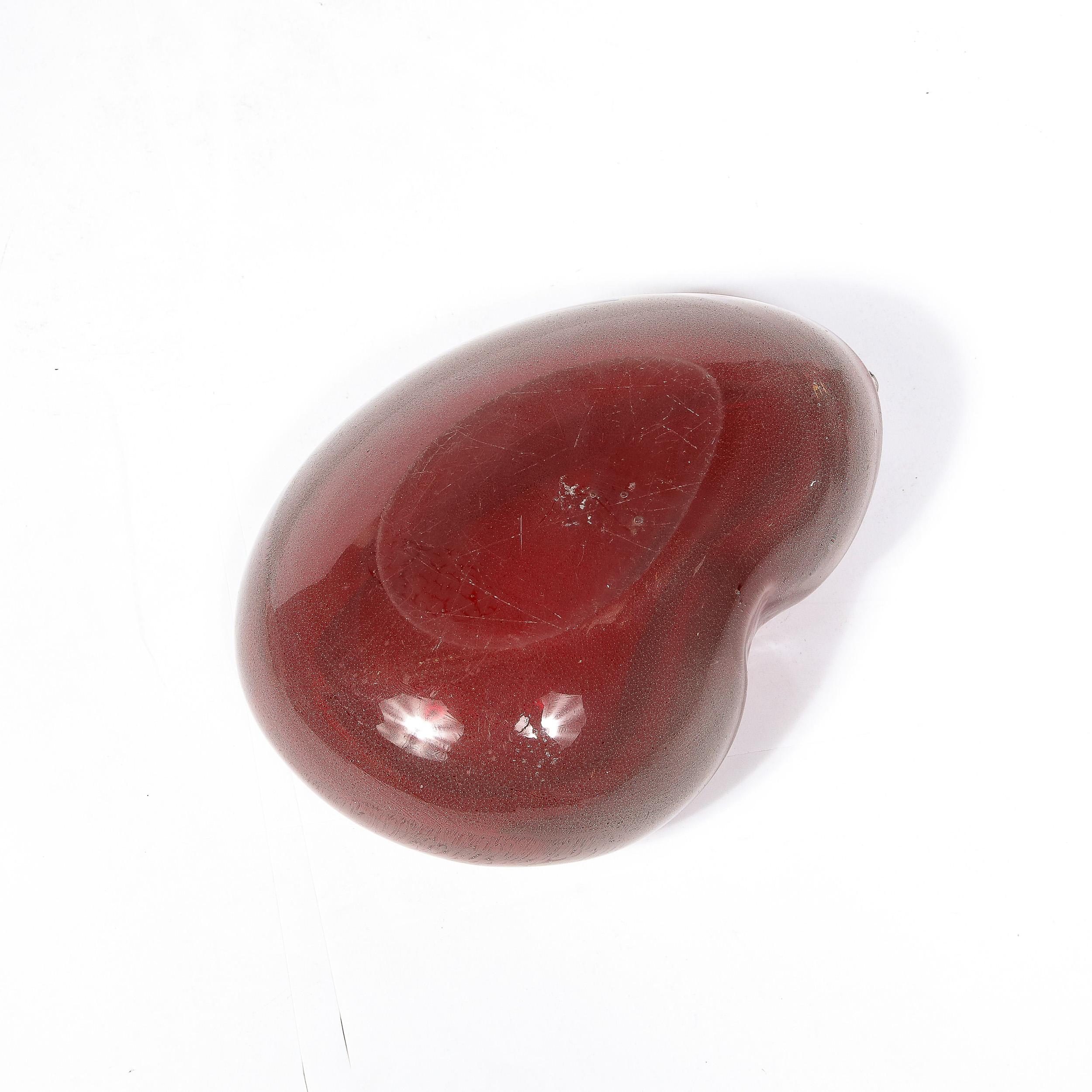 Mid-Century Ruby Hand-Blown Pear Form Murano Glass Dish w/ 24K Gold Flecks For Sale 3