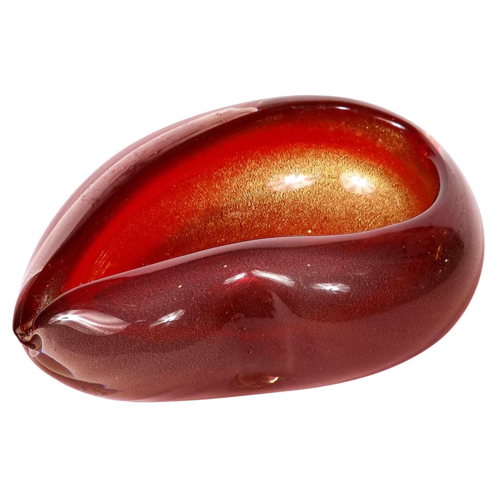 Mid-Century Ruby Hand-Blown Pear Form Murano Glass Dish w/ 24K Gold Flecks For Sale