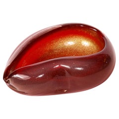 Mid-Century Ruby Hand-Blown Pear Form Murano Glass Dish w/ 24K Gold Flecks