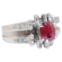 Mid Century Ruby Ring with Diamonds in 18K White Gold, England circa 1950