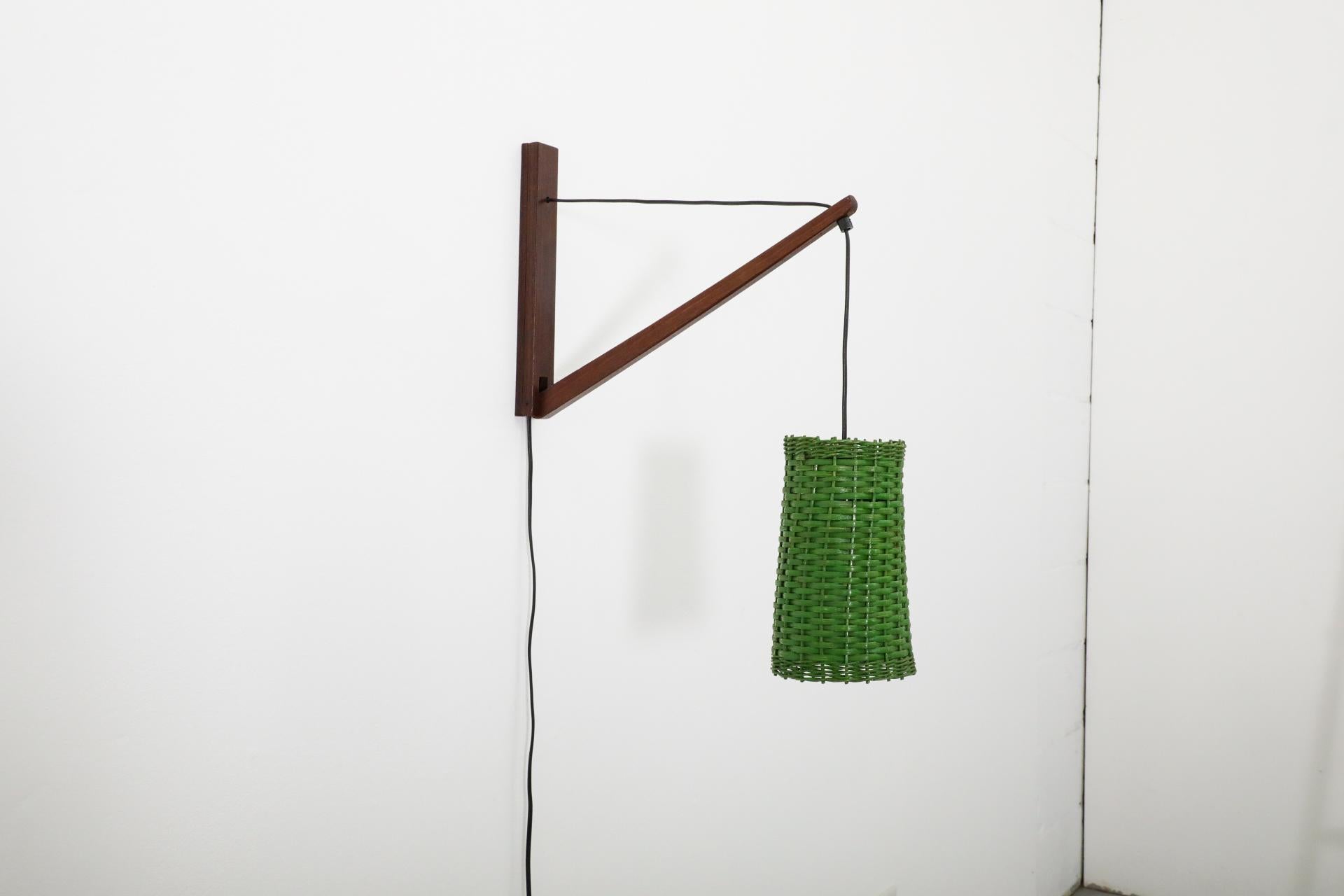 Mid-Century Rupprecht Skrip Style Wall Lamp with Green Rattan Shade, 1960's In Good Condition In Los Angeles, CA