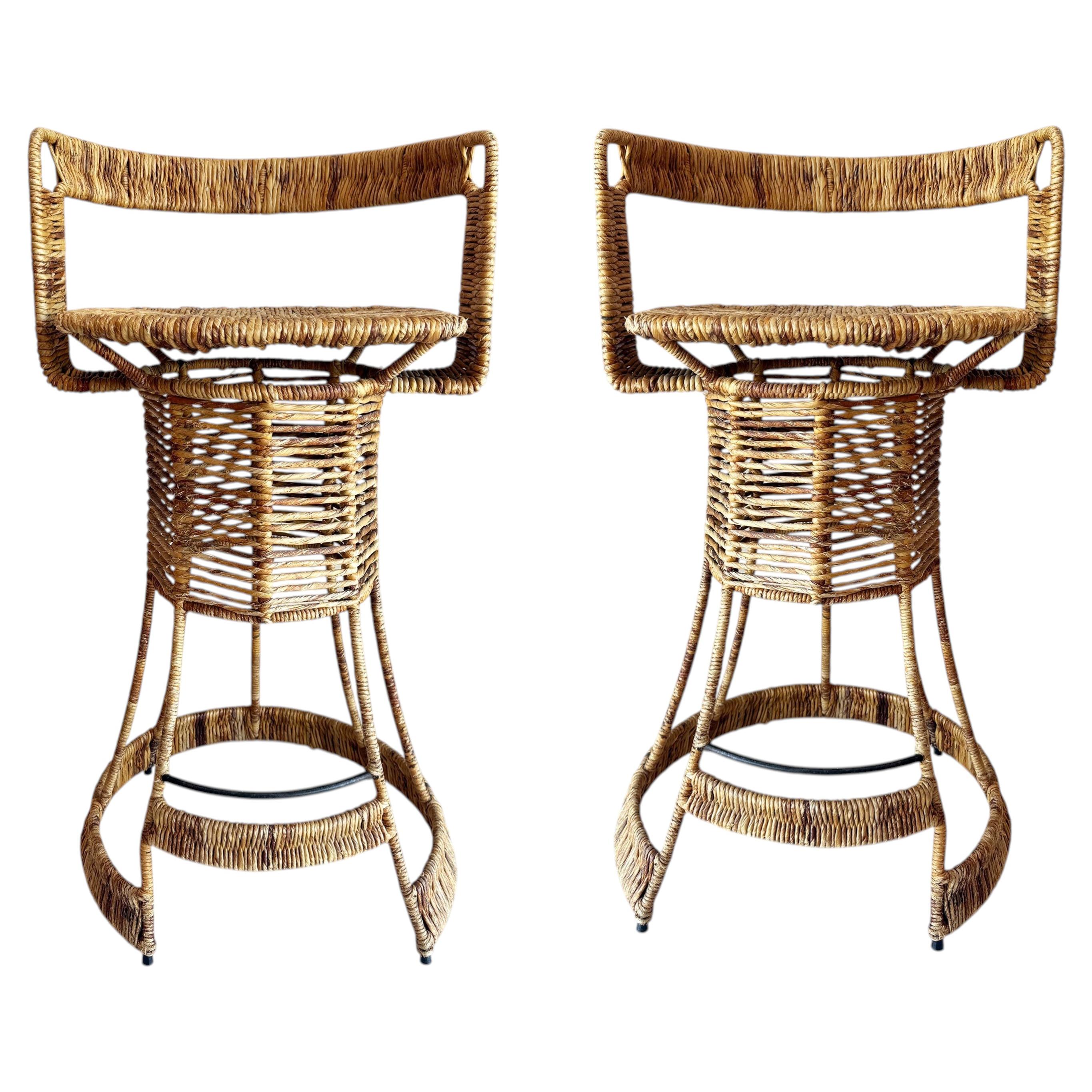 Mid-century Rush, Iron Bar Stools by French Designer Roger Coster, Seat 28" High For Sale