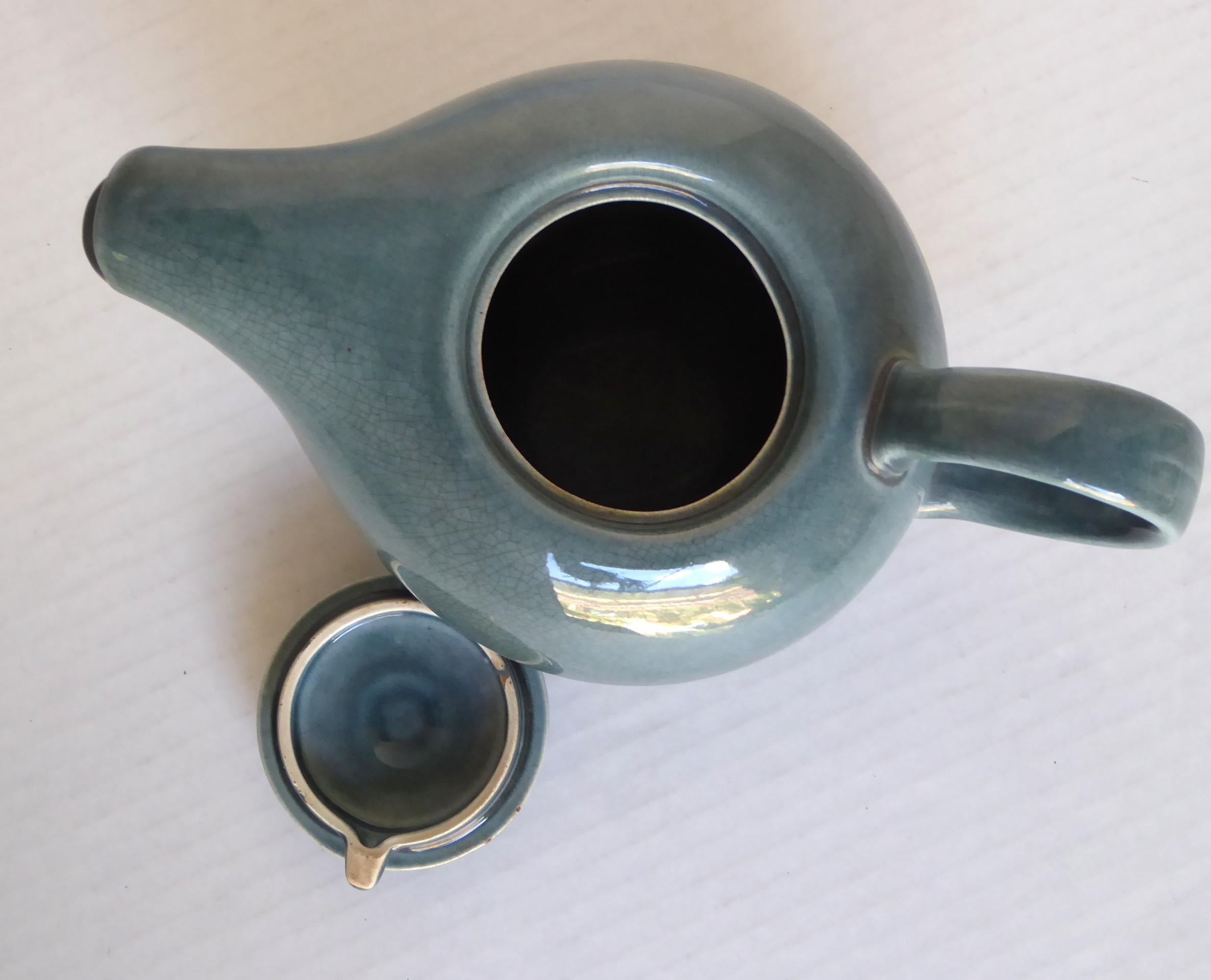Mid Century Russel Wright Seafoam Blue American Modern Ceramic Coffee Pot For Sale 2