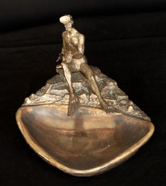 Midcentury Russian Bronze Tray with a Scuba Diver Holding a Fish