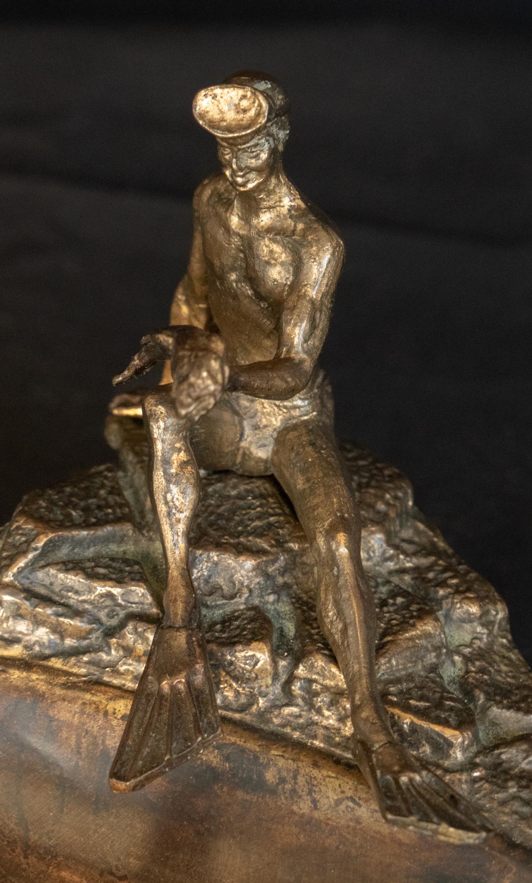 Sporting Art Midcentury Russian Bronze Tray with a Scuba Diver Holding a Fish For Sale