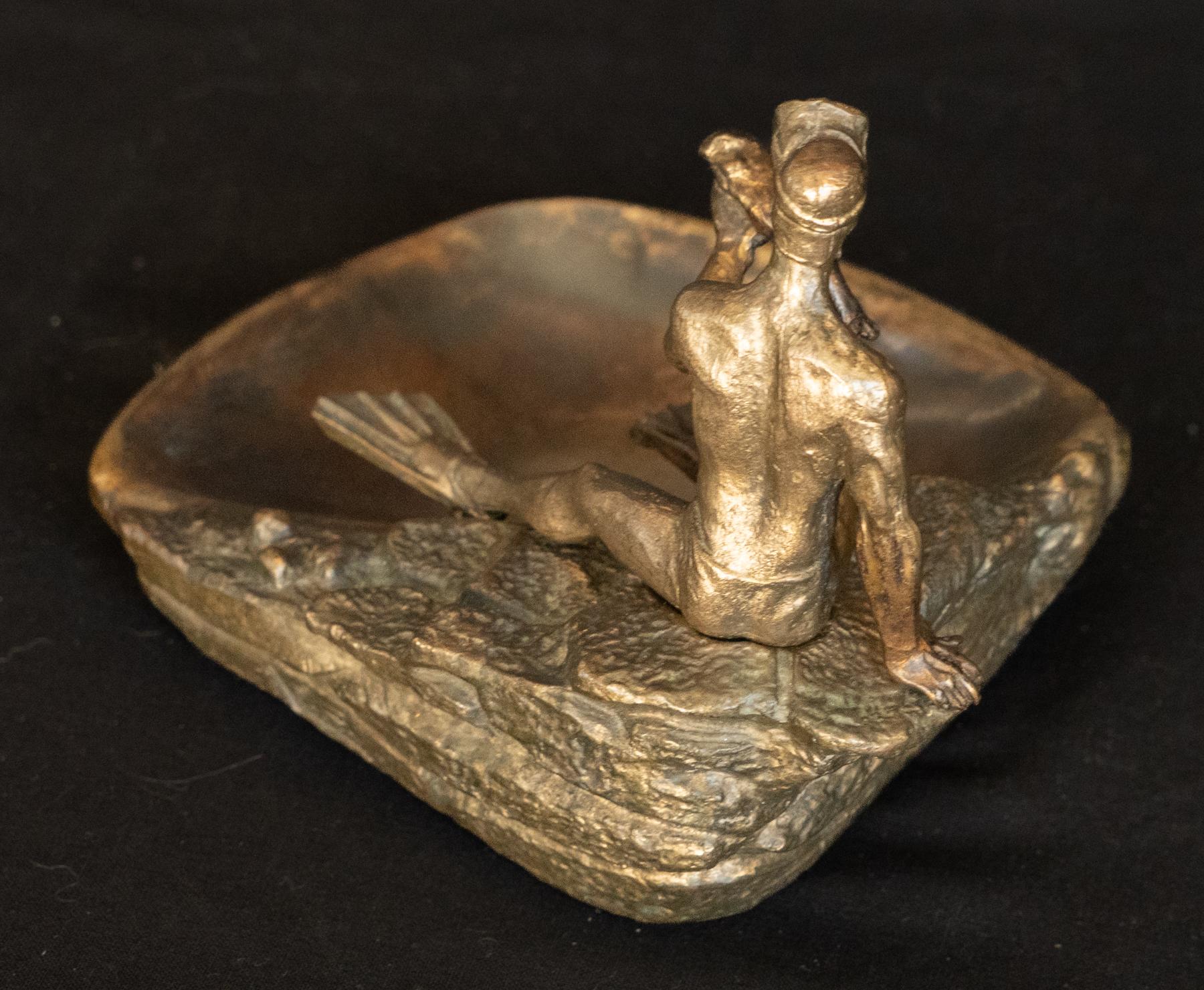 Cast Midcentury Russian Bronze Tray with a Scuba Diver Holding a Fish For Sale