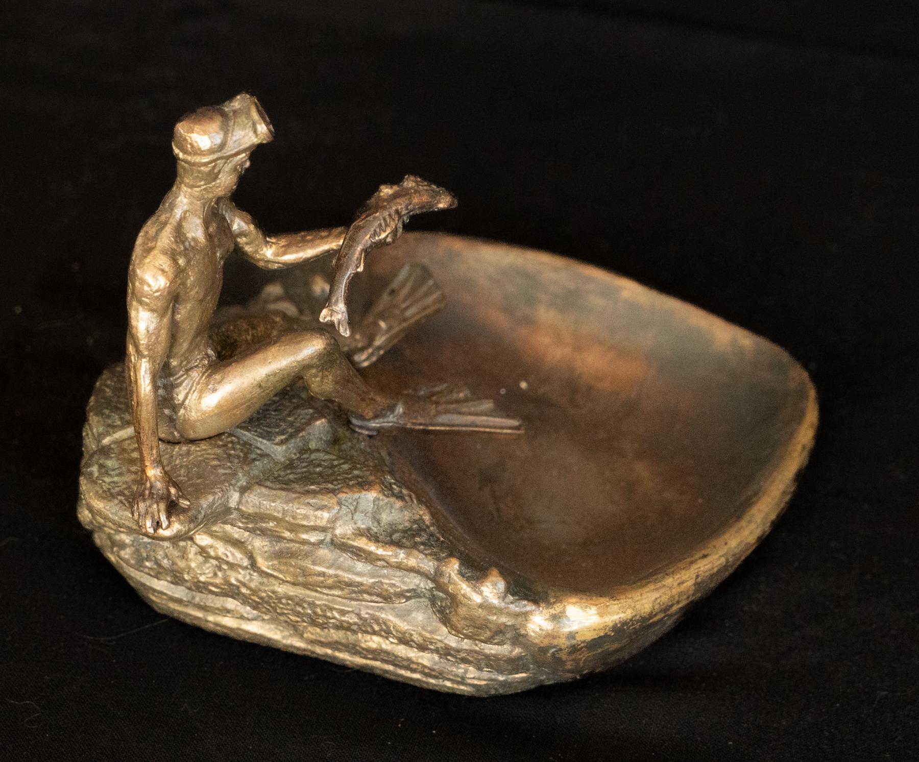 Midcentury Russian Bronze Tray with a Scuba Diver Holding a Fish In Good Condition For Sale In San Francisco, CA